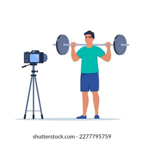 Man doing standing barbell shoulder press exercise recording video with camera on tripod. Social network blogging, healthy lifestyle concept. Sport streming. Vector illustration