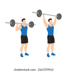 Man doing Standing behind the neck barbell shoulder press exercise. Flat vector illustration isolated on white background