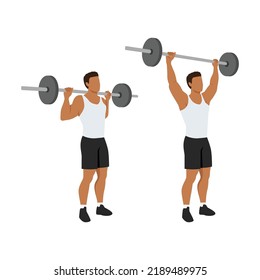 Man doing Standing behind the neck barbell shoulder press exercise. Flat vector illustration isolated on white background