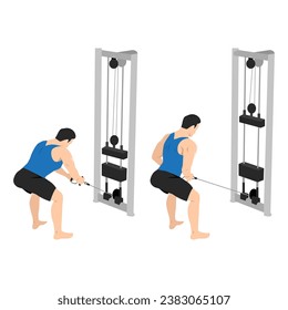 Man doing standing bent over cable row exercise. Flat vector illustration isolated on white background