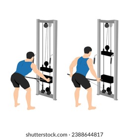 Man doing standing bent over wide reverse grip cable row exercise. Flat vector illustration isolated on white background