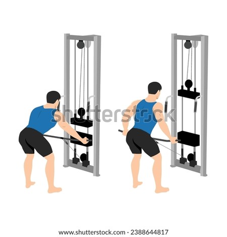 Man doing standing bent over wide reverse grip cable row exercise. Flat vector illustration isolated on white background