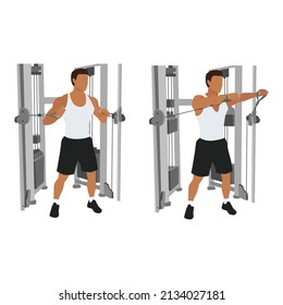 Man doing standing cable chest press exercise, Flat vector illustration isolated on white background. Chest workout