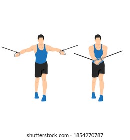 Man doing Standing cable crossover press. cable flies exercise. Flat vector illustration isolated on white background. Workout character