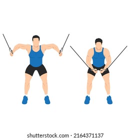 Man doing Standing cable crossover. cable flies exercise. Flat vector illustration isolated on white background. Workout character