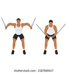 Man doing Standing cable crossover. cable flies exercise. Flat vector illustration isolated on white background. Workout character