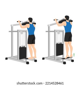 Man doing standing calf raise with assisted machine. Flat vector illustration isolated on white background