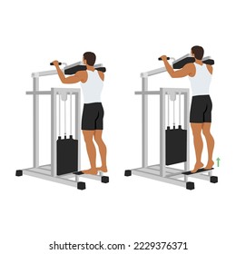 Man doing standing calf raise with assisted machine. Flat vector illustration isolated on white background