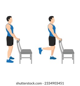 Hombre haciendo ejercicio de silla de pie o de rizos de hámstring soportados. Ilustración vectorial plana aislada en fondo blanco