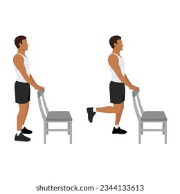 Man doing standing chair or supported hamstring curls exercise. Flat vector illustration isolated on white background