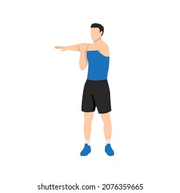 Man doing Standing cross body arm. Shoulder stretch exercise. Flat vector illustration isolated on white background