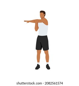 Man doing Standing cross body arm. Shoulder stretch exercise. Flat vector illustration isolated on white background