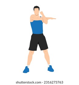 Man doing Standing cross body arm. Shoulder stretch exercise. Flat vector illustration isolated on white background