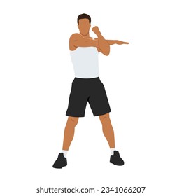 Man doing Standing cross body arm. Shoulder stretch exercise. Flat vector illustration isolated 