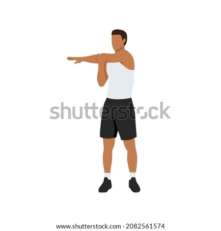 Man doing Standing cross body arm. Shoulder stretch exercise. Flat vector illustration isolated on white background