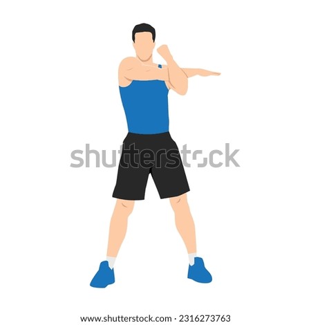 Man doing Standing cross body arm. Shoulder stretch exercise. Flat vector illustration isolated on white background