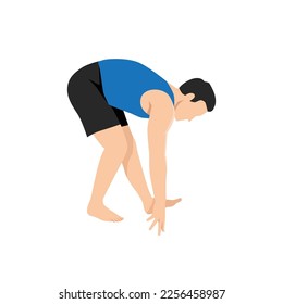 Man doing standing hamstring stretch exercise. Flat vector illustration isolated on white background.