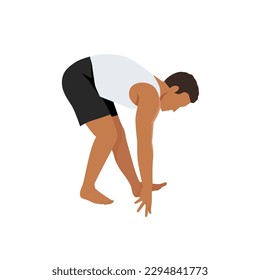 Man doing standing hamstring stretch exercise. Flat vector illustration isolated on white background.