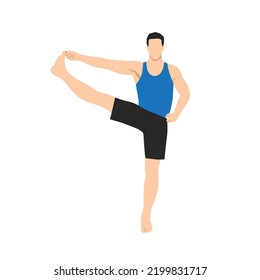 Man doing Standing Hand to Big Toe Pose. Practice Utthita Hasta Padangusthasana. Flat vector illustration isolated on white background