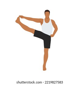 Man doing Standing Hand to Big Toe Pose. Practice Utthita Hasta Padangusthasana. Flat vector illustration isolated on white background