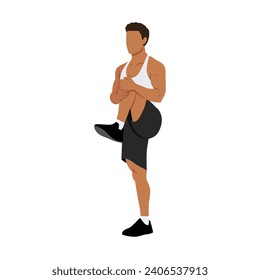 Man doing standing knee hugs exercise. Flat vector illustration isolated on white background