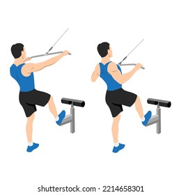 Man doing standing lat pulldown exercise. Flat vector illustration isolated on white background