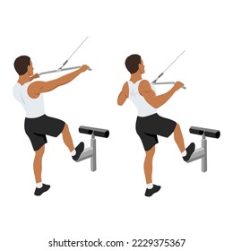 Man doing standing lat pulldown exercise. Flat vector illustration isolated on white background