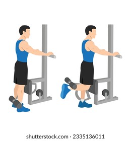 Man doing standing leg hamstring curls machine. Flat vector illustration isolated on white background