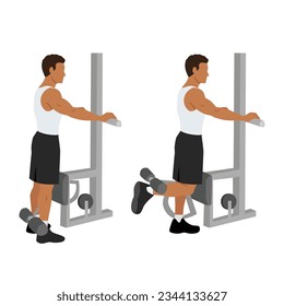 Man doing standing leg hamstring curls machine. Flat vector illustration isolated on white background