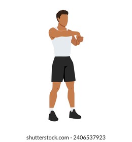 Man doing standing palm down wrist stretch exercise. Flat vector illustration isolated on white background