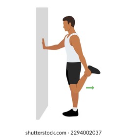 Man doing Standing quad stretch yoga workout on the wall. Flat vector illustration isolated on white background