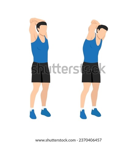 Man doing Standing reach up back rotation stretch exercise. Flat vector illustration isolated on white background