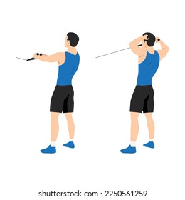 Man doing standing rope face pull. Cable face pull exercise back view. Flat vector illustration. Shoulder exerciseFlat vector illustration isolated on white background