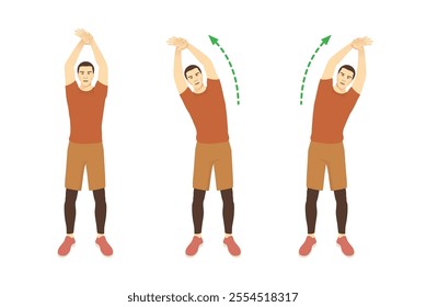 Man doing Standing Side Stretch for Rehabilitation and Flexibility with raise arms overhead and move body into a side bend.