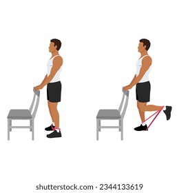 Hombre haciendo ejercicio de rizos hamstring de banda de resistencia sostenida. Ilustración vectorial plana aislada en fondo blanco