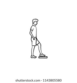 Man doing step aerobics hand drawn outline doodle icon. Activity, fitness cardio workout, gym exercises concept. Vector sketch illustration for print, web, mobile and infographics on white background.