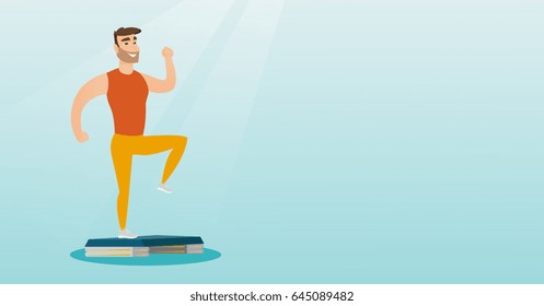 Man doing step exercises. Caucasian man training with stepper in the gym. Man working out with stepper in the gym. Sportsman standing on stepper. Vector flat design illustration. Horizontal layout.