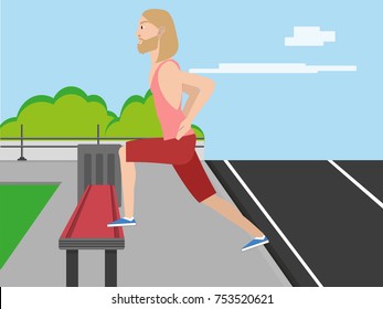 Man doing step up jumps with bench in park outdoors. The man is exercising his legs on the stepper. Leg day. Sport, fitness, health, lifestyle and people concept illustration vector.
