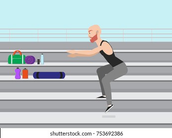 Man doing step up jumps with stairs outdoors. Man exercising his legs on the stepper. Leg day. Sport, fitness, health, lifestyle and people concept illustration vector.