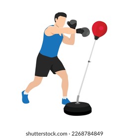 Hombre haciendo el ejercicio de boxeo derecho izquierdo con una bolsa de punzonaje con soporte. Ilustración vectorial plana aislada en fondo blanco