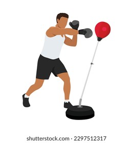 Man doing the straight left jab boxing exercise with punching bag with stand. Flat vector illustration isolated on white background