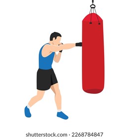 Man doing the straight right jab boxing exercise with punching bag. Flat vector illustration isolated on white background