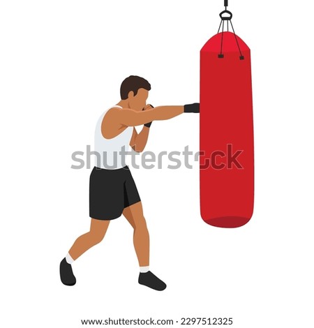 Man doing the straight right jab boxing exercise with punching bag. Flat vector illustration isolated on white background