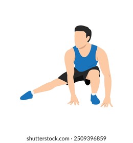 Man doing stretch exercise for legs sit at floor. Flat vector illustration isolated on white background