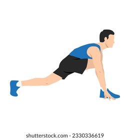 Man doing stretch tight hamstring exercise. Flat vector illustration isolated on white background