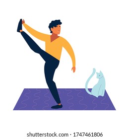 man doing stretching exercises in the company of her pet vector illustration design
