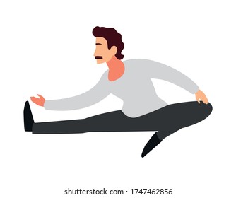 man doing stretching exercises at home vector illustration design