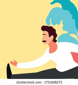 man doing stretching exercises in living room vector illustration design