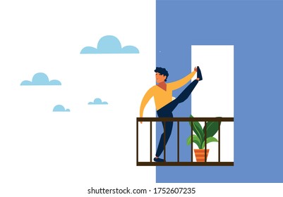 man doing stretching exercises on balcony of his house vector illustration design