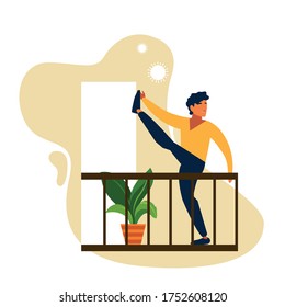 man doing stretching exercises on balcony of his house vector illustration design